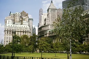 Historic Downtown Manhattan Impressions: Building around Battery Park, Lower Manhattan, New York, USA in 1963