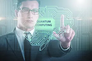 Artificial Intelligence Technology Impressions: Businessman pressing virtual button in quantum computing concept