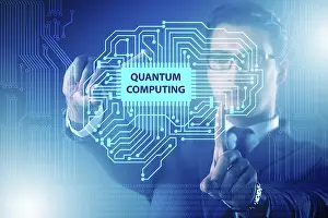 Quantum Computing Concept Impressions: Businessman pressing virtual button in quantum computing concept