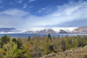 Caucasus Mountain Scenery Impressions: Landscape with Sevan lake from Sevanavank monastery