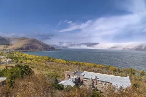 Waterfront Mountain Range Impressions: Landscape with Sevan lake from Sevanavank monastery