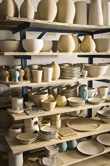Ceramic Workshop Germany Impressions: Ceramic workshop, drying rack with pottery