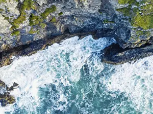 Cornwall Coastline Landscape Impressions: Top Down over Cliffs and Waves