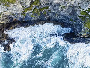 British Countryside Drone Shot Impressions: Top Down over Cliffs and Waves from a drone