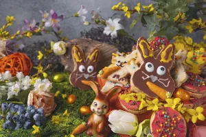 Christian Easter Traditions Impressions: Colourful decorated Easter biscuits with Easter decoration