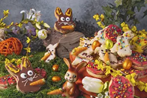 Christian Easter Traditions Impressions: Colourful decorated Easter biscuits with Easter decoration