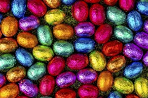Chocolate Easter Egg Impressions: Colourful Easter candy on grass