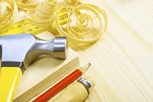 Handicraft Industry Impressions: Composition of carpentry tools on pine boards