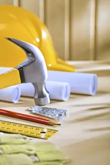 Construction Industry Tools Impressions: Composition of carpentry tools on woden table