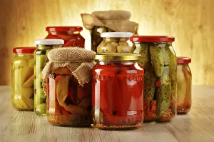 Vegetable Nutrition Facts Impressions: Composition with jars of pickled vegetables