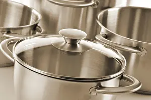 Uninhabited Kitchen Scene Impressions: Composition with stainless pots