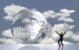 Environmental Awareness Image Impressions: Computer graphics, man in front of globe with clouds
