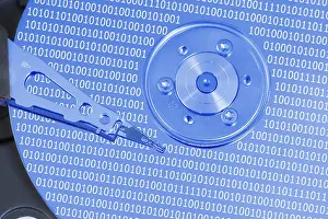 Compact Disc Technology Impressions: Computer hard disk drive with read-write head on the disk