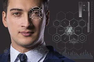 Artificial Intelligence Eyes Impressions: Concept of sensor implanted into human eye