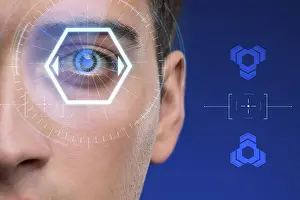Artificial Intelligence Eyes Impressions: Concept of sensor implanted into human eye