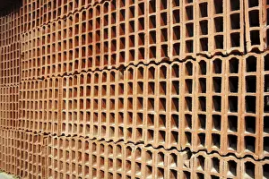 Deserted Red Brick Structure Impressions: Construction bricks stacked pattern red clay
