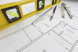 Home Construction Process Impressions: Construction level, engineer pencil