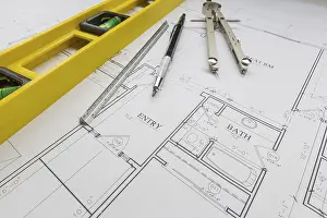 House Blueprint Illustration Impressions: Construction level, engineer pencil