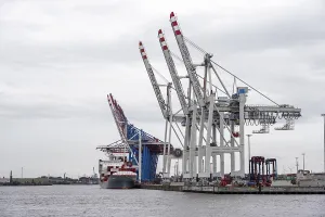 Container Ship Hamburg Impressions: Container ship, loading cranes and stacks of containers