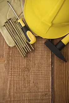 Deserted Construction Area Impressions: Copyspace background of board with tools