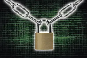 Secure Data Protection Impressions: Digital binary code, lock and chain Coloured background with structures and copy space for the design
