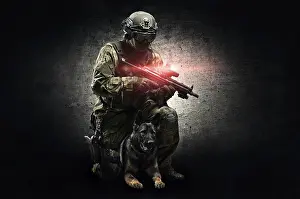 German Shepherd Breed Impressions: Dog handler posing in the studio with a trained shepherd