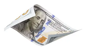 One Hundred Dollar Bill Impressions: One hundred dollar bill falling or floating on empty background