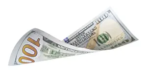 One Hundred Dollar Bill Impressions: One hundred dollar bill falling or floating on empty background