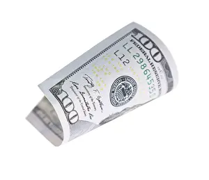 One Hundred Dollar Bill Impressions: One hundred dollar bill falling or floating on empty background