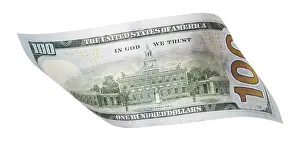 One Hundred Dollar Bill Impressions: One hundred dollar bill falling or floating on empty background