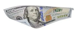 One Hundred Dollar Bill Impressions: One hundred dollar bill falling or floating on empty background