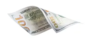 One Hundred Dollar Bill Impressions: One hundred dollar bill falling or floating on empty background