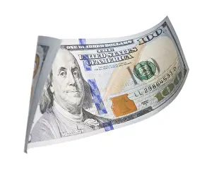 One Hundred Dollar Bill Impressions: One hundred dollar bill falling or floating on empty background