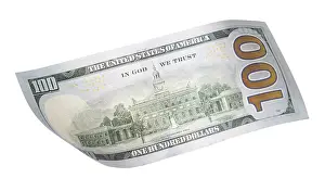 One Hundred Dollar Note Impressions: One hundred dollar bill falling or floating on empty background