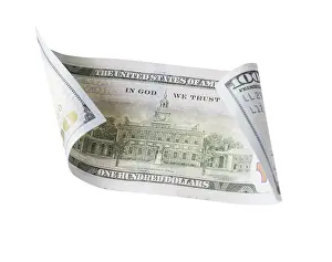 One Hundred Dollar Bill Impressions: One hundred dollar bill falling or floating on empty background