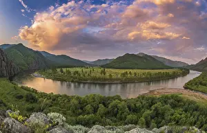 Mountain River Scenery Impressions: Dramatic clouds during dusk over Tuul river