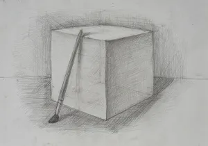 Monochrome Artwork Impressions: A drawing features a three-dimensional cube sitting on a flat surface