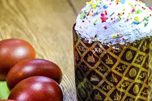 Traditional Russian Pastry Impressions: Easter cake and painted red Easter eggs