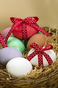 Deserted Farm Landscape Impressions: Easter egg with spotted red loop Easter egg with spotted red loop