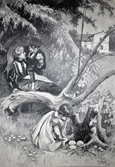 Authentic Woodcut Print Impressions: Easter time, the child has found an Easter basket with Easter eggs