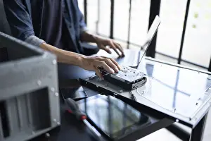 Computer Motherboard Impressions: IT Engineer installing Hardware Equipment Development Facility Engineer Maintenance computer Motherboard Electronic