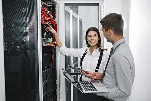 Blockchain Technology Impressions: IT expert checking supercomputer server