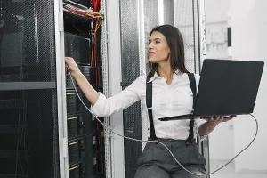 Computer Hacking Impressions: IT expert checking supercomputer server