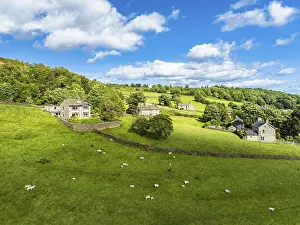Farmland View From Above Impressions: Farms and Fields over Cononley and River Aire from a drone
