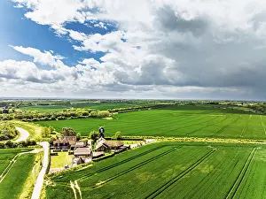 British Countryside Scene Impressions: Fields and Windmill from a drone