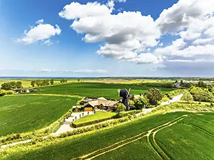 British Countryside Scene Impressions: Fields and Windmill from a drone