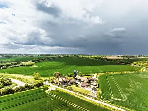 British Countryside Scene Impressions: Fields and Windmill from a drone