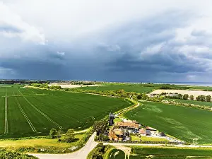 British Countryside Scene Impressions: Fields and Windmill from a drone