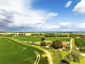 British Countryside Scene Impressions: Fields and Windmill from a drone