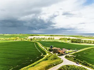 British Countryside Scenes Impressions: Fields and Windmill from a drone